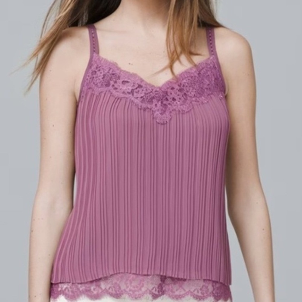 White House Black Market Purple Pleated Lace Trim v neck Camisole Top Large‎